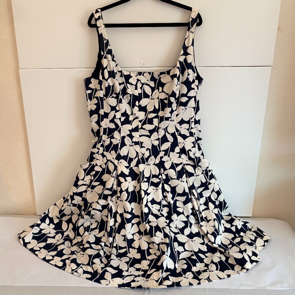 American Living Navy Blue/White Floral Sleeveless Flaring A-Line Dress Size 16